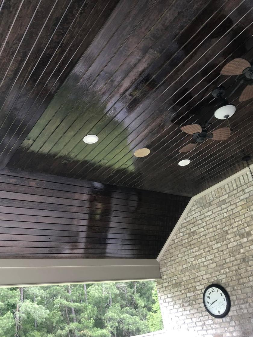 After: the same ceiling stained dark walnut with a gloss finish
