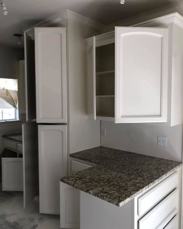 White-painted cabinets with arched raised panels